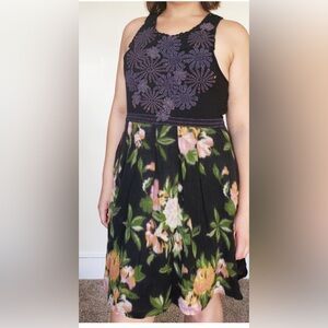 FREE PEOPLE FLORAL WOOL DRESS WITH EMBROIDERED BEADED FLORAL DETAILS, RIBBONS